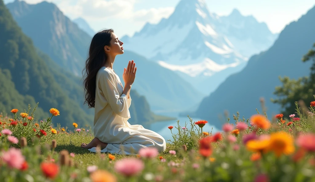 (photorealism: 1.2), beautiful woman, in a landscape full of mountains and flowers she is praying