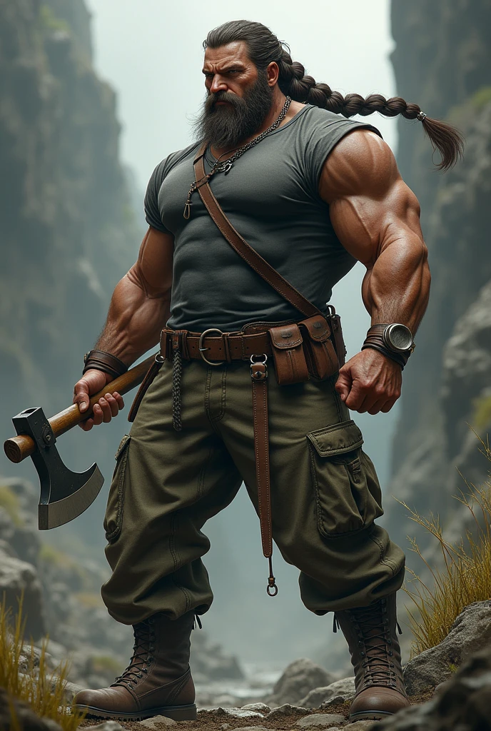 Muscle man, Long hair with braid, fitted t-shirt trousers with several pockets, military boots, ax in hand