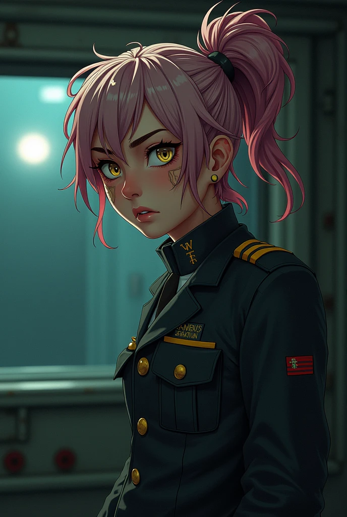 (Barotrauma) Style: 2D image with high quality. Character: young guy, fair skin, left side of hair light, right side of hair dark pink. Hair wavy and quite long, hair gathered into a shaggy Short length ponytail, yellow eyes and wide eyebrows, a bandage on his cheek. Emotion: irritation. Clothing: uniform of a submarine officer from the Barotrauma game universe. Background: Inside a submarine. Details: sloppy appearance, dirty clothes. Angle: far from the character, characters looking over the shoulder. Lighting: only one dim lamp, dim lighting.