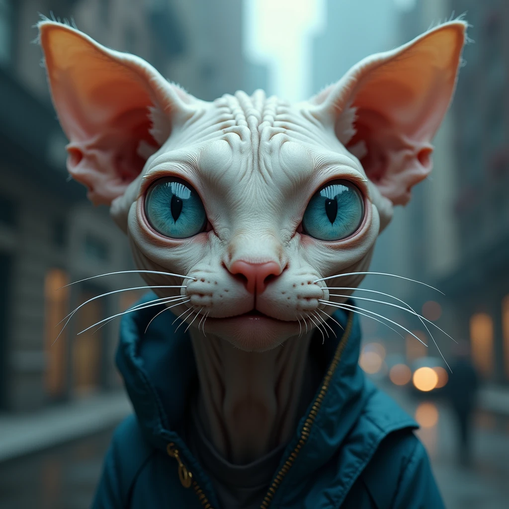 Closeup of bully-cat alien sphynx oldman wrinkled hyperrealistic Anthropomorphic hyperdetailed frontal, sweet smile lightly, Calm serene , blue eyes . Background futuristic city . Raw photo