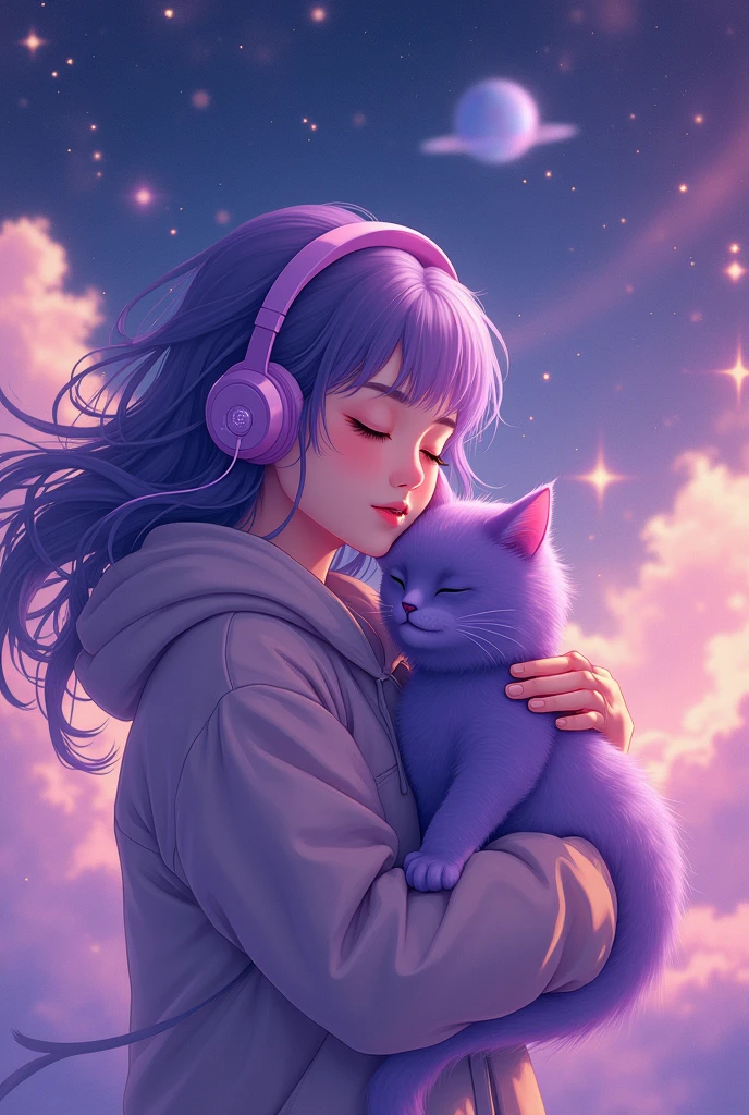 Woman in the middle of the universe, Woman listeling to music, Woman with purple headphones, Woman with eyes closed, Woman wearing jacket, Woman with weavy hair, Woman happy, Woman hugging a cute cosmic purple cat, Purple sky, purple planets, purple Stars, purple galaxies, Purple clouds, Anime realistic style
