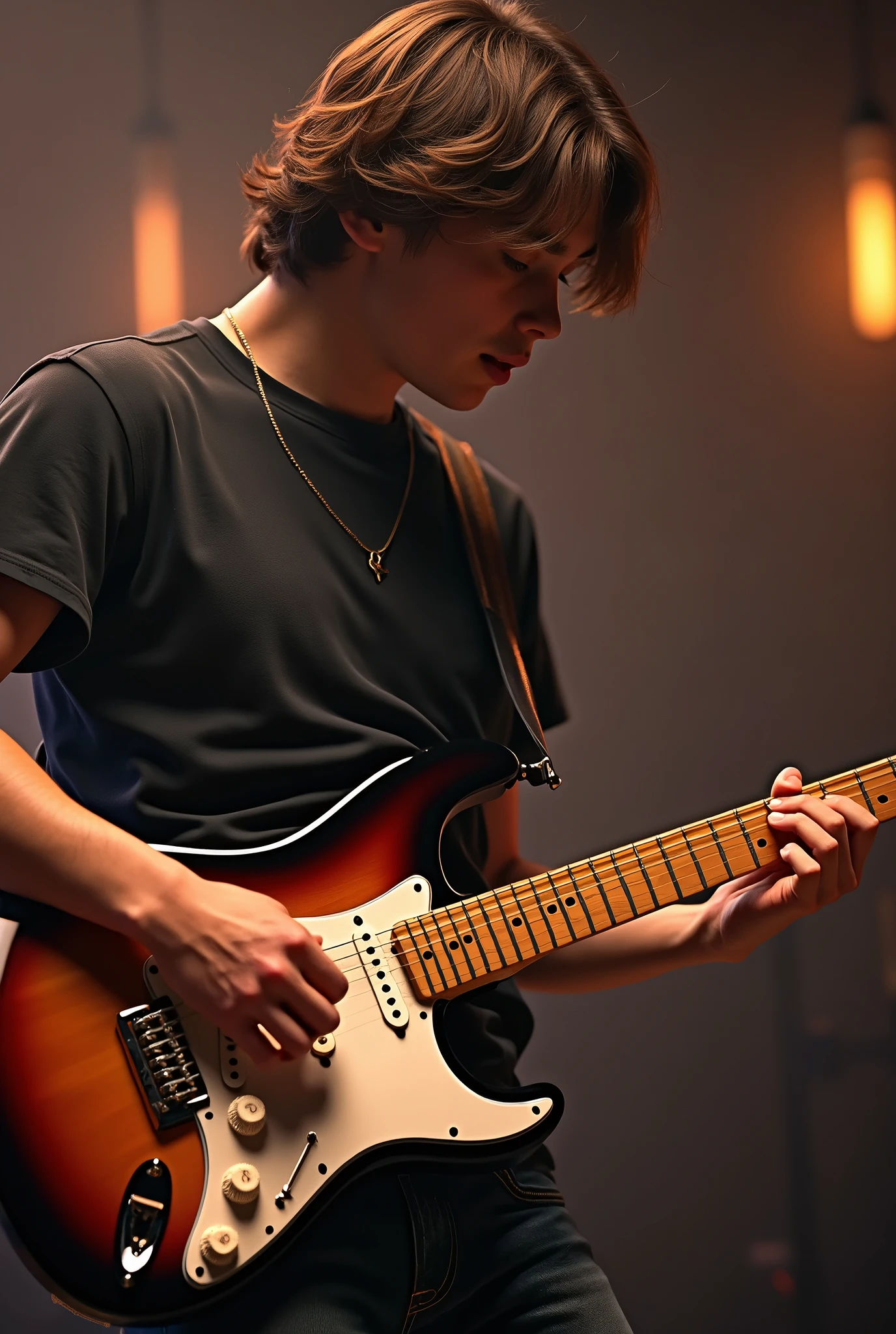 20 year old boy, brown haired guy playing a solo on a wood-colored strato guitar with black edges and white pickguard.
