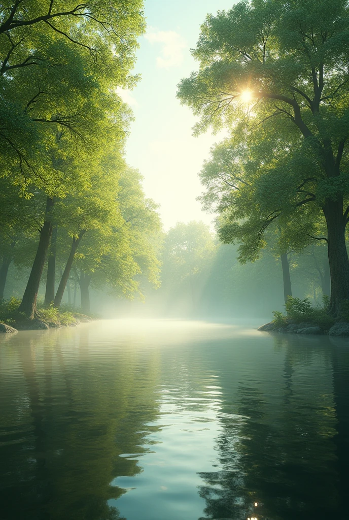 A hyper-realistic image of a serene park in the early morning, with golden sunlight streaming through lush green trees. A calm lake reflects the sky, with a slight mist hovering above the water, creating a tranquil and peaceful atmosphere. Hyper realistic