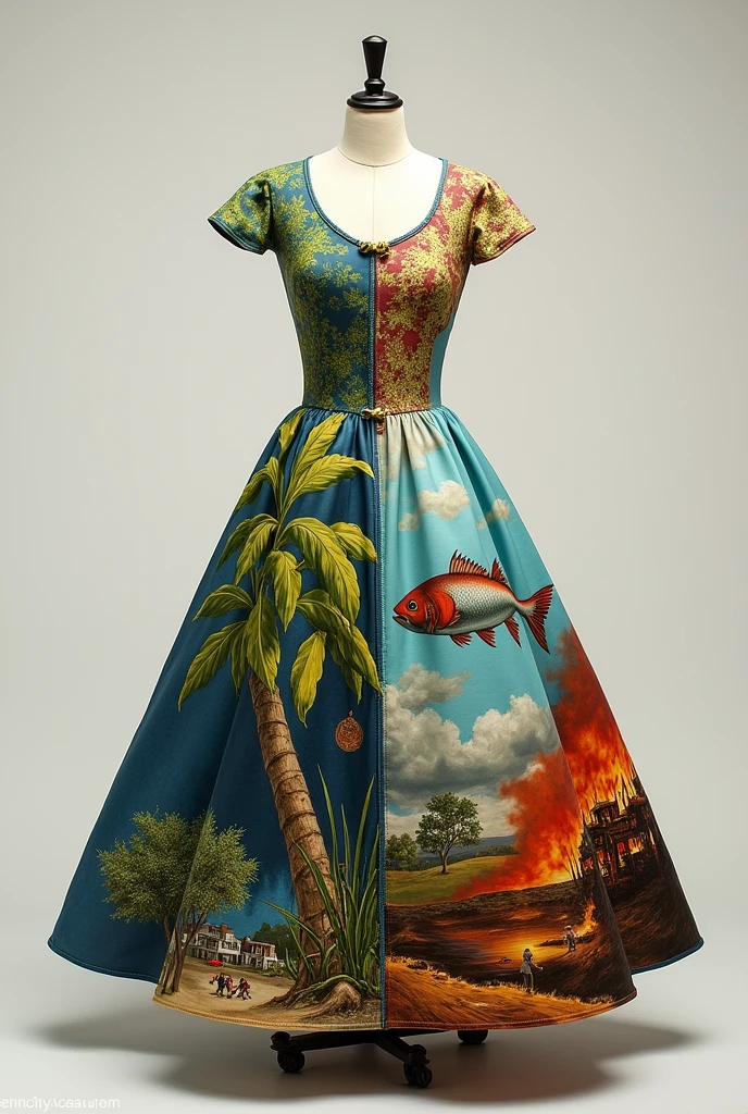 Painted dress in which it is divided into four parts and in the first part a banana tree with many leaves is tied together, the second section a fish, the third the Papantla flyers and the fourth a burning town, that it looks more real