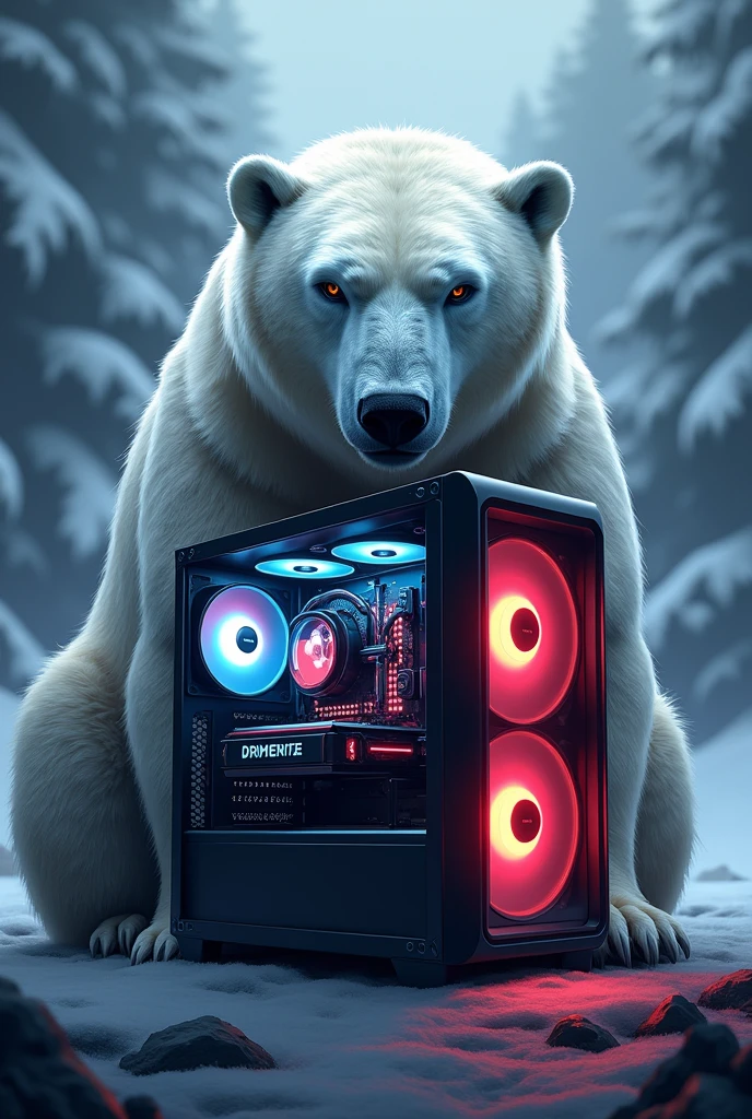 logo de empresa :Polar bear with a gaming pc polar bear face and gaming pc, realistic art with polar bear behind pc, showing the leds of the pc coller size 500×500