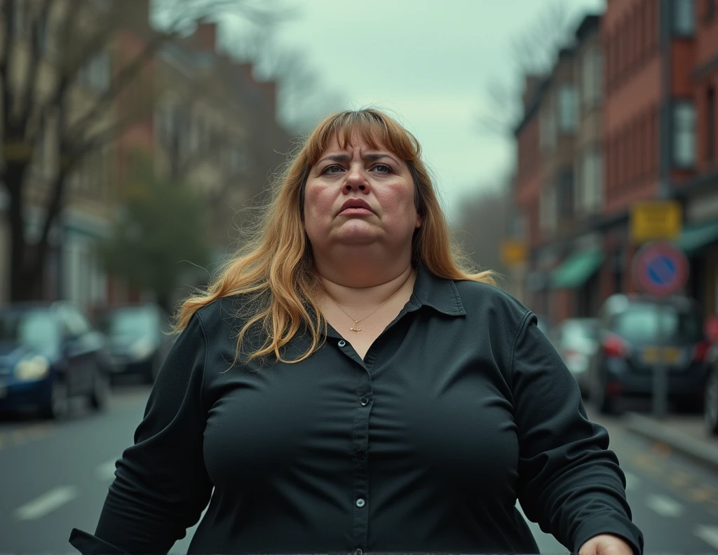 Woman with grade III morbid obesity, walking down the street, with blond hair, hair over her shoulders, parted bangs, crying with her eyes open, watery eyes, tears, sigh, tearing, melancholy (expression), Social realism, Realism, Expressionism, depth field, cinematic lighting, brightness, image fill, social media compositing, symmetry, multiple views, precise, superdetail, best quality, 4K