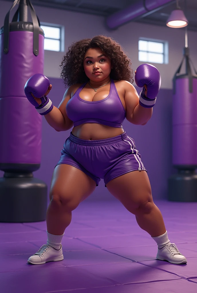 A chubby girl with curly hair and brown eyes, practicing boxing, that most of the things in the image are in purple tones