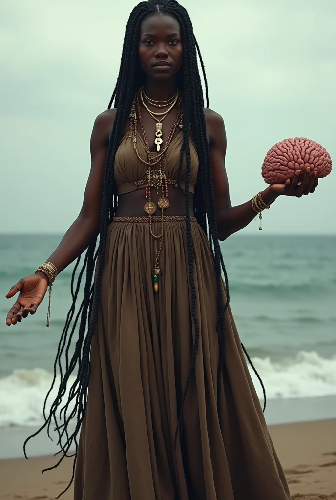 Create a dark-skinned ancient woman, that looks like a goddess with a heart in her left hand and a brain in her right hand, that her hair has many braids and a long skirt and the landscape is the seashore