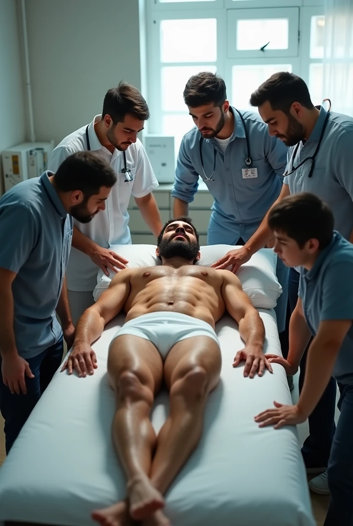 In an anatomy classroom, a young iranian man, muscular and toned, very bearded and hairy body, is lying on an examination table completely, wearing only white underwear. He is touched and examined closely by a group of curious casually dressed students around him., all focused on learning about the human body. The school classroom is bright.