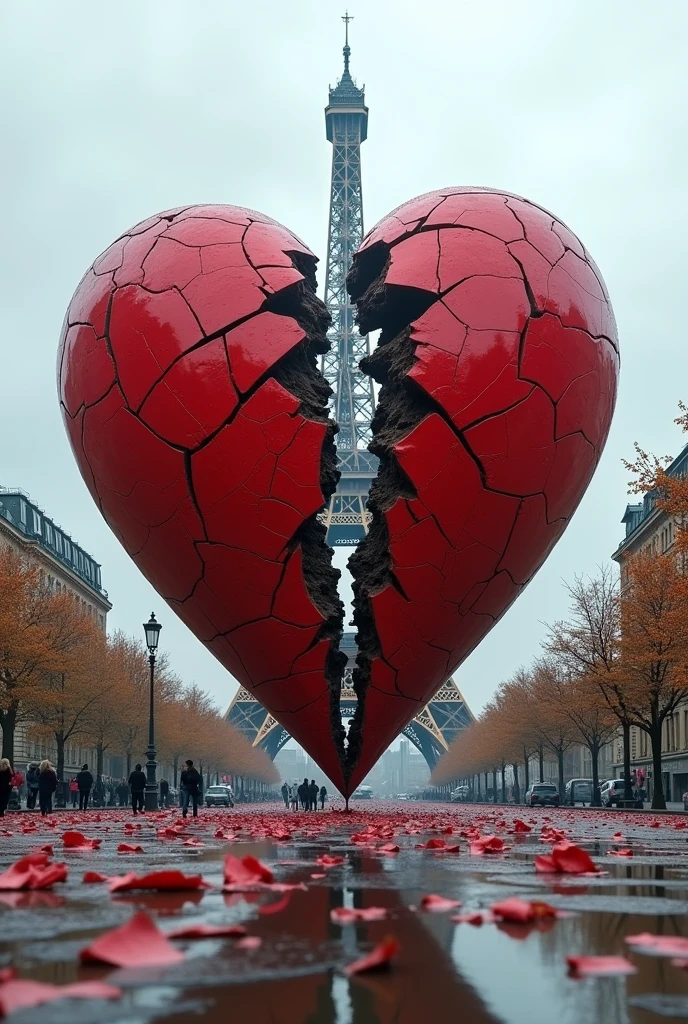 GIANT BROKEN HEART ON THE STREETS OF PARIS IN FRONT OF THE EIFFEL TOWER IN 3D