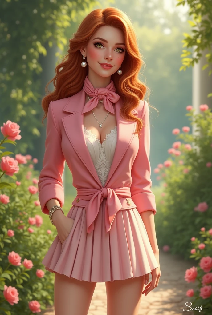 European princess wearing pink blazer, short pleats skirt, white blouse showing her cleavage, silk scarf, white high heels, summer vibes,