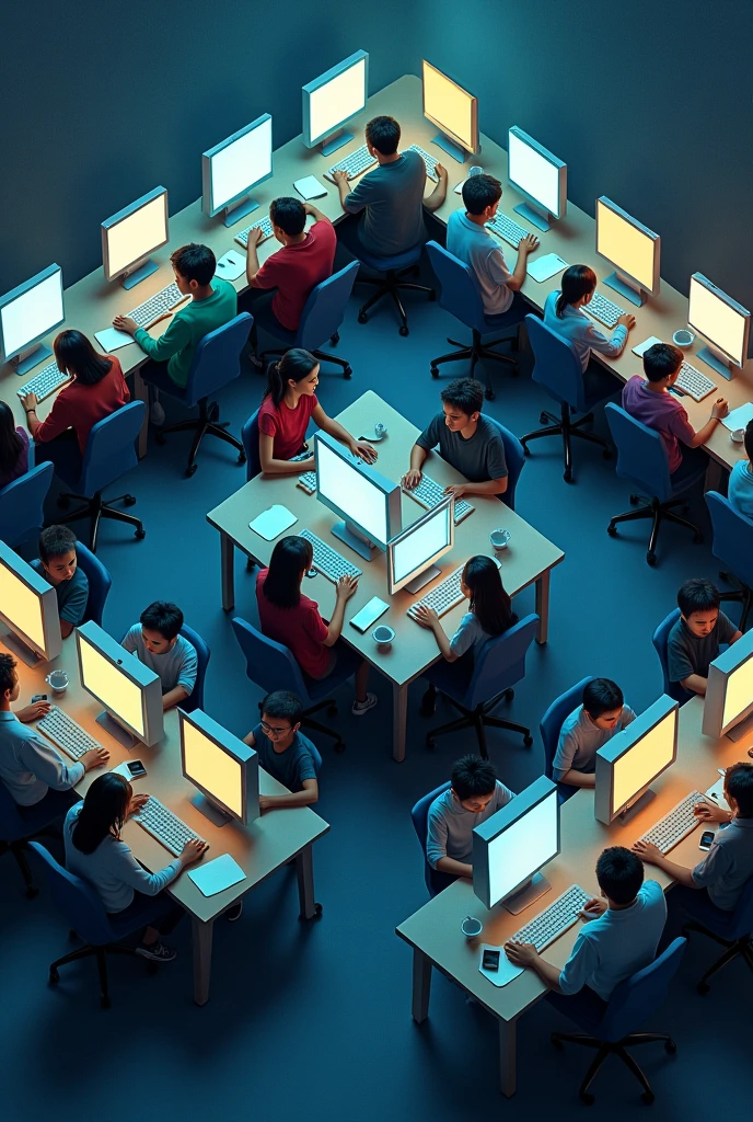 Take on the role of an interior designer and create a small computer classroom, that inside it is surrounded by tables and chairs glued together facing the wall with 25 computers and students, And in the center there is also a table with computers.