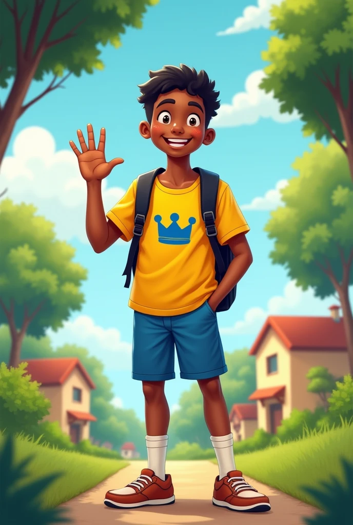 A ager of approximately , skin black, short black hair. He wears blue shorts above the knee, short socks and brown shoes. He wears a yellow shirt with a blue crown printed on the chest.. He has a black backpack on his back. The setting is a place with lots of trees and some houses in the distance.. He waves at the camera and smiles.