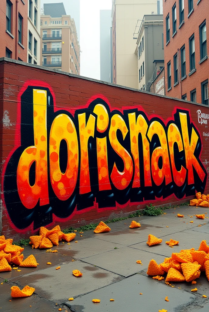 Write the word “Dorisnack” in graffiti letters with black colors, yellow and red and add drawings with doritos,