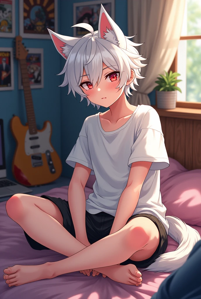 An anime boy who looks  with short white hair, with small red eyes , by tez clara, with wolf ears, dressed comfortably, resting at home. Her hair is messy and her unkempt yet charming look is accentuated by her casual clothes., consisting mainly of a baggy t-shirt and shortsThe room around him is typical of a teenager&#39;s room, full of comics, a musical instrument, maybe a guitar and a laptop,