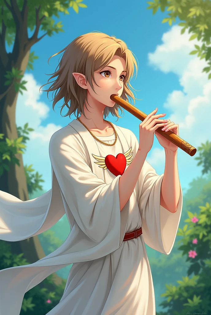 a young half-elf man with delicate, feminine features and shoulder-length light brown hair wearing white robes with a winged red heart symbol on his chest, playing the flute anime style