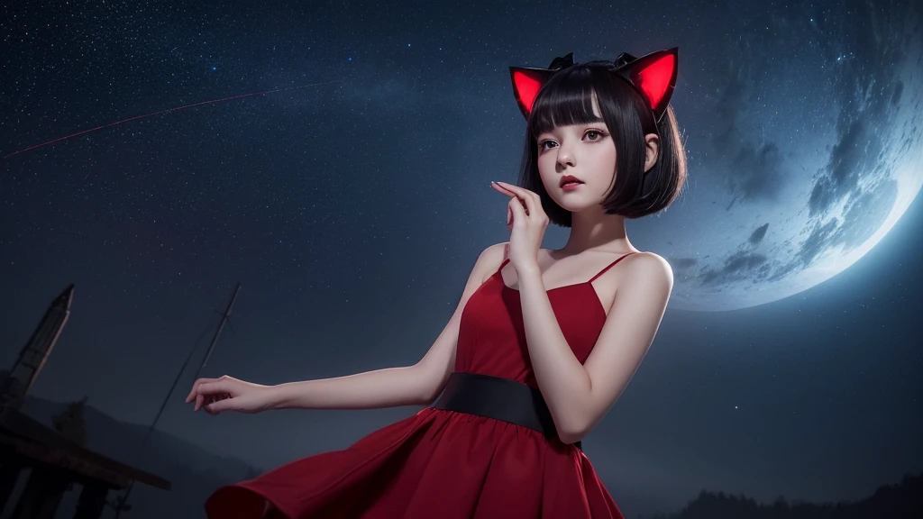 Delicate and dainty young woman with shiny bob-cut black hair and cat ears. She is wearing red only symple dress with mini-skirt. The background is a fantastic and ethereal night sky that seems to be haunted by a specter. Her expression is stern and atmospheric. , stocking, angle from below
