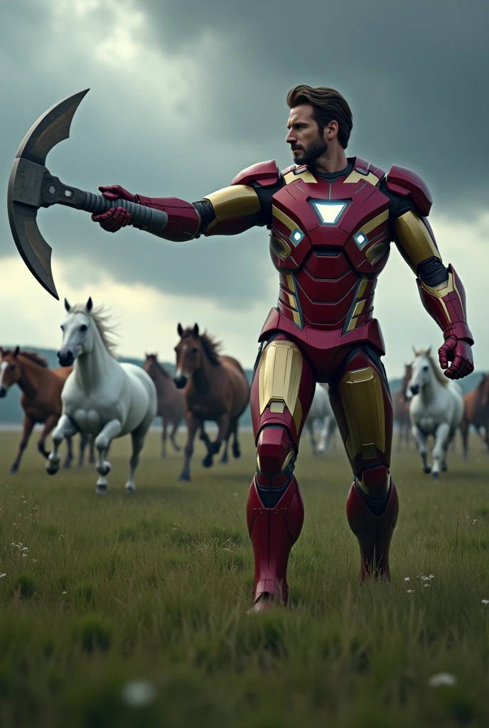 Chris Evans  Wearing Iron Man suit holding storm breaker and pointing it towards spider man, realistic graphics, open field, white and brown horses running around, dark clouds, ultra realistic, 4k realistic 