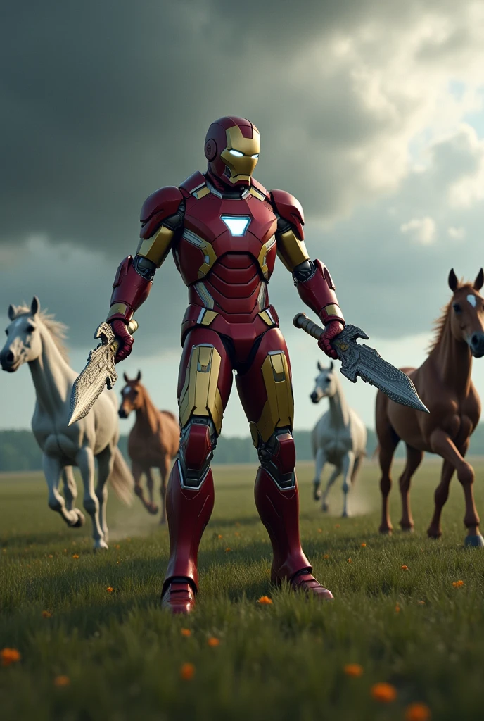 Chris Evans Wearing Iron Man suit holding storm breaker and pointing it towards spider man, realistic graphics, open field, white and brown horses running around, dark clouds, ultra realistic, 4k realistic