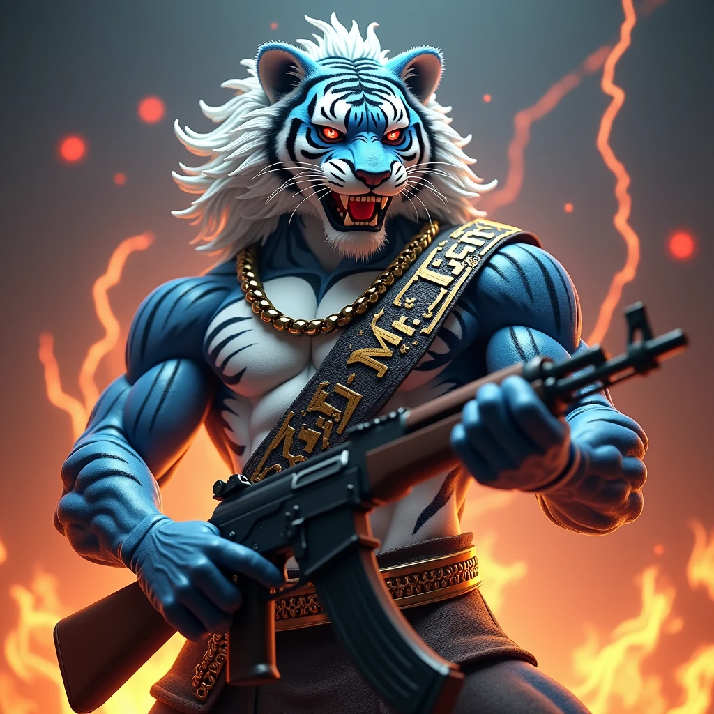 depict a hyperrealistic blue and white tiger-like human with flowing hair in 4D style with very realistic body details,chain on chest,sharp gold teeth,and the eyes glowing red facing forward,there is writing "MR.LIAN" on a ribbon of intricate bold letters,combination of blue and white,hand holding AK47,background of flames around the body,armor,ornaments and lightning that lights up,burning passion,full gambar