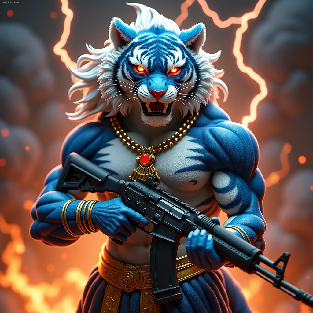 depict a hyperrealistic blue and white tiger-like human with flowing hair in 4D style with very realistic body details,chain on chest,sharp gold teeth,and the eyes glowing red facing forward,there is writing "MR.LIAN" on a ribbon of intricate bold letters,combination of blue and white,hand holding AK47,background of flames around the body,armor,ornaments and lightning that lights up,burning passion,full gambar