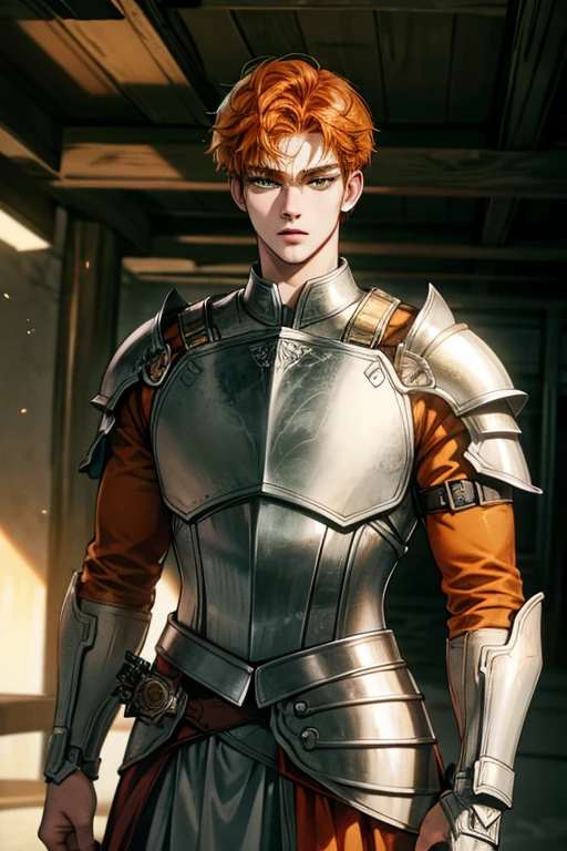 high resolution 8k, has a big build and bulky 15years old Boy, Handsome, Perfect face detail, detailed eyes and face, clean shaved, Ginger eyebrow hair, Ginger eyelashes, dynamic lighting, unreal engine, hd picture, bright-orange colored hair, short-right-swept hair ,green eyes, white skin, Knight Armor, Broadsword, Barrack, Standing on Path