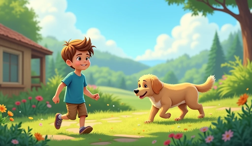 Boy in a blue t-shirt and brown shorts walking in the garden with his golden dog