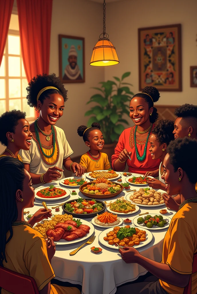 Ethiopian big family happy pictures with colorful drawing having dinner
