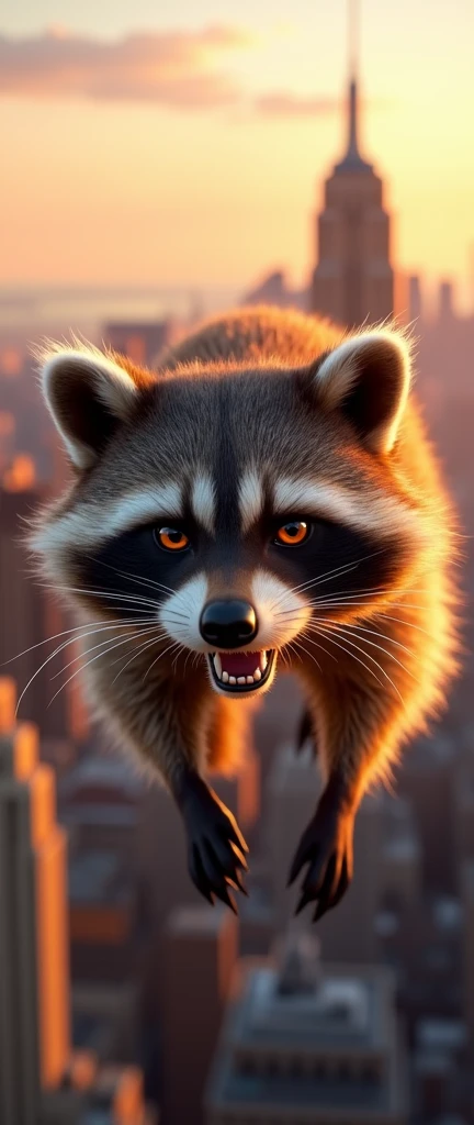 A mesmerizing 3D render of a raccoon in motion, defying gravity as it zooms through the sky above the breathtaking New York City skyline. The raccoon's piercing, glowing eyes are fixed on its destination, and its menacingly sharp teeth glint in the light. Its fluffy fur dances in the wind, adding to the dynamic motion blur that perfectly captures the exhilaration of its high-speed flight. The sunset casts a warm, golden hue over the scene, illuminating the iconic city skyline in the background and emphasizing the raccoon's daring adventure.