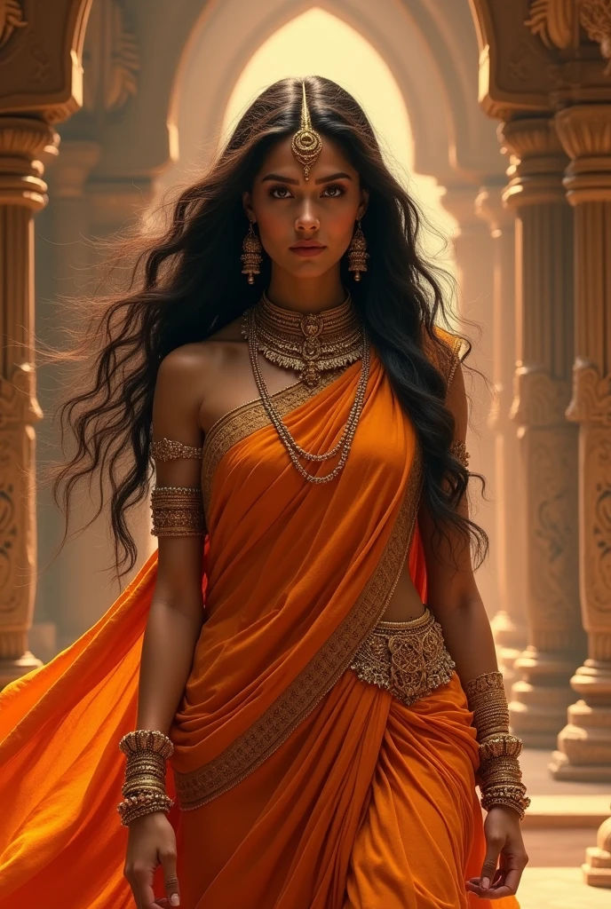 Goddess Sita,fiery saree dress,ancient look,fiery background,ancient royal palace background, bravo face,long hair