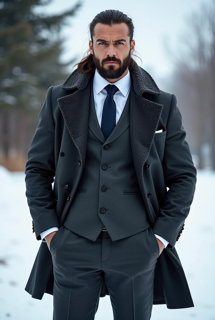 Full body Man thick lips athletic body masculine energy and sexy defined chin trimmed black beard shaded braid with gradient on the sides colored tattoo dressed in a coat and open showing the suit below three-piece suit: suit jacket classic lapels dark grey vest under the jacket watch chain in the pocket dark grey suit pants white dress shirt white under the vest dark blue tie in russia winter elegant black shoes remote image quality 30k wide photo
