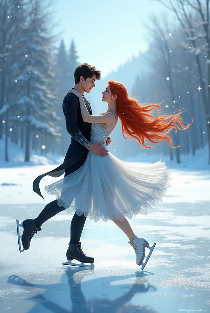 Create a pair of ice skaters, a red-haired girl and a black-haired boy 
