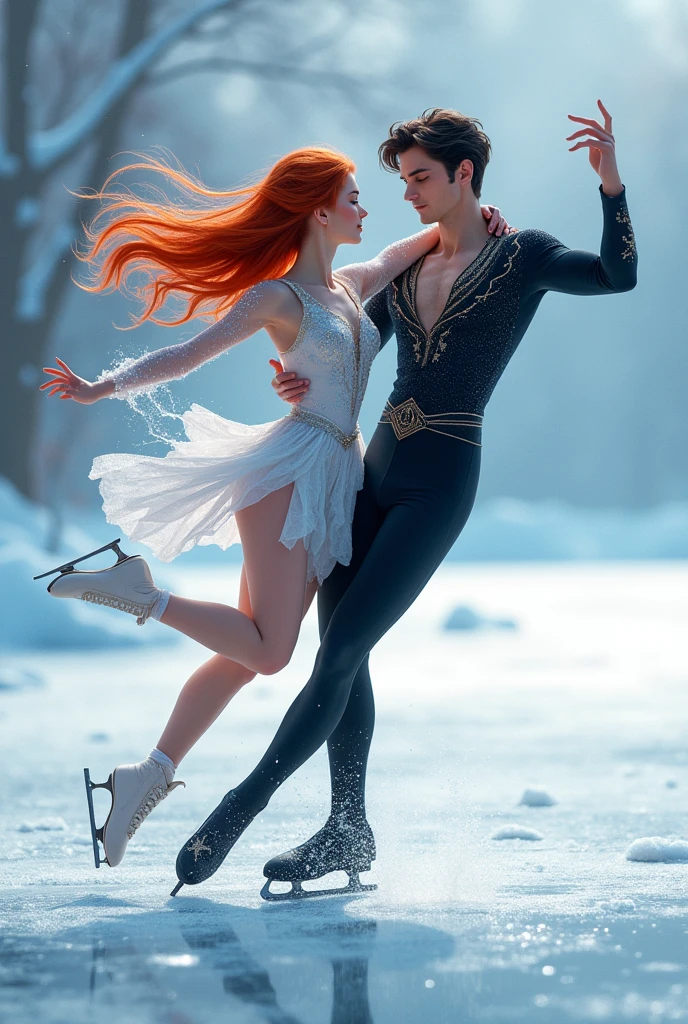 Create a pair of ice skaters, a red-haired girl and a black-haired boy