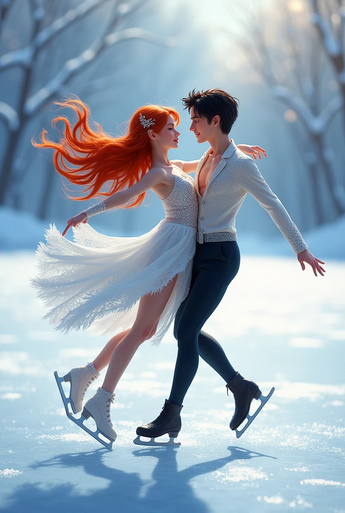 Create a pair of ice skaters, a red-haired girl and a black-haired boy 
