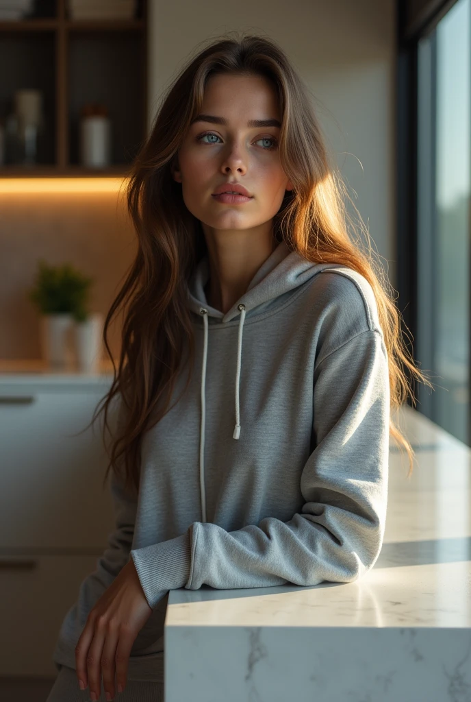 beautiful European girl with blue eyes and brown hair, she's standing with her elbows resting on the counter, she's looking back, she's wearing a black hoodie, she's wearing white sneakers and white jeans, ultra High resolution, (fotorrealista: 1. 4), High resolution, (finely detailed skin), (blue eyes), (perfect proportions) (realistic photos) (masterpiece) (fotorrealista), ultra-realistic (Best quality) (detailed) photographed with a Canon EOS R5, 50mm lens, f/2.8, (8k) (Wallpaper) (cinematic lighting) (dramatic lighting) (complex) mode. She's in a luxurious, modern room.