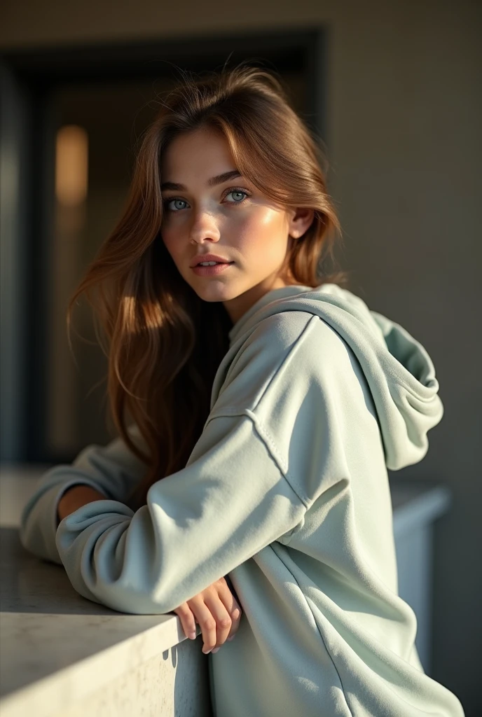 Extremely realistic blonde Russian girl with blonde hair and blue eyes., detailed clothing, photo shoot for winter clothes