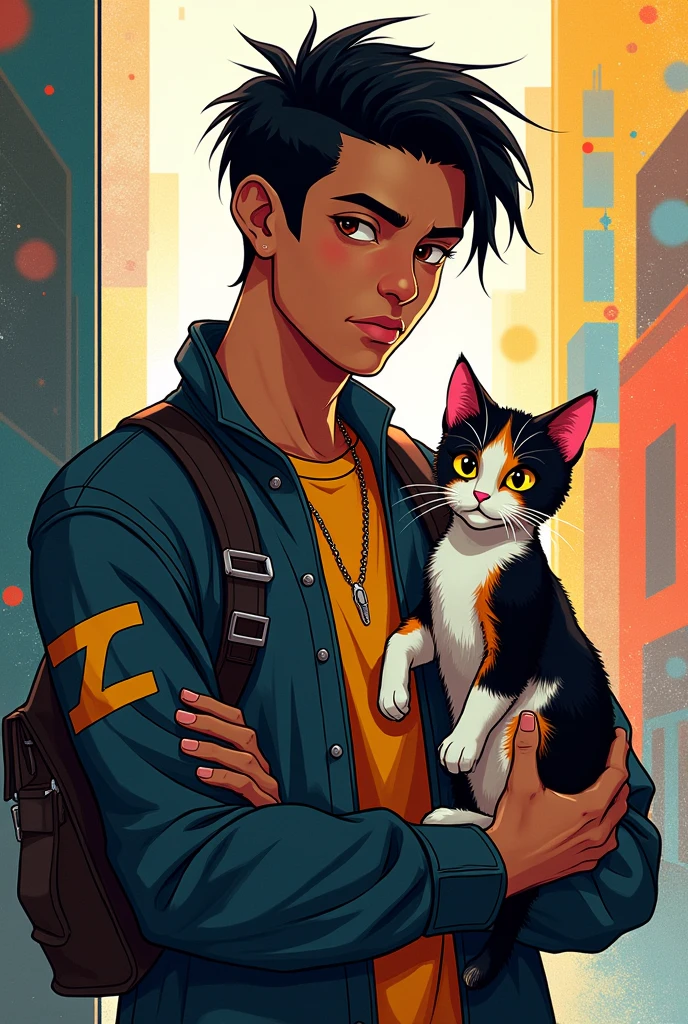 Make me a spiderverse image of a black haired man, Light brown skin, eyes browns, medium hair holding a frajola cat