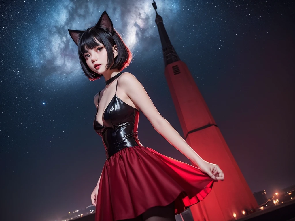 Delicate and dainty young woman with shiny bob-cut black hair and cat ears. She is wearing red only symple dress with mini-skirt. The background is a fantastic and ethereal night sky that seems to be haunted by a specter. Her expression is stern and atmospheric. , stocking, angle from below