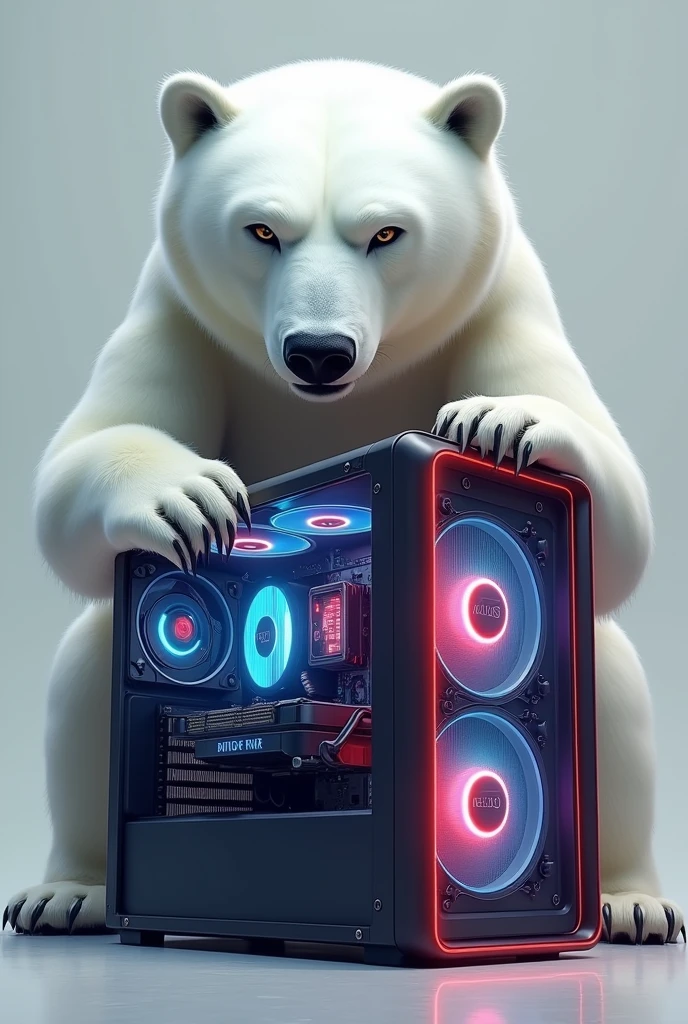 logo de empresa :Polar bear with a gaming pc polar bear face and gaming pc, realistic art with polar bear behind pc, showing the pc coller leds. Image must be square