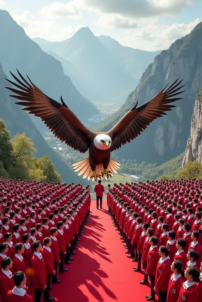 Hagen Roadshow Vodafone Staff dressed Red and White logo uniform assemble in a V Shape on a Mountain overlook to the valley with a big eagle flying and carrying Vodafone Logo. 