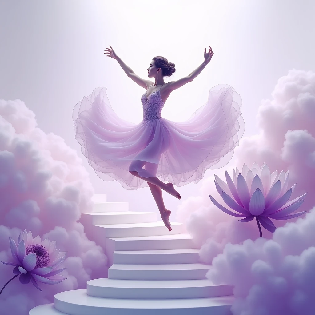 Running on the clouds, background color pale yellow in the distance from the fog around and at the feet, minimalist, elegant, pure gentle, Soft bright light, veil,lace, beautiful white summer house with canlilabra, photorealistic. Giant purple lotus , with huge and long purple petals. (petal made of thin and soft tulle, flowing petals full background, floating petals, hyperflying petals, at the feet Mixture of purple smoke and fog effects from colored blue fog on the ground and petals). Extravagant, beautiful woman full length, nice legs,shoes, in a fast dance in a flying pose, lace,gold,white staircase, strewn with pale pink and yellow roses