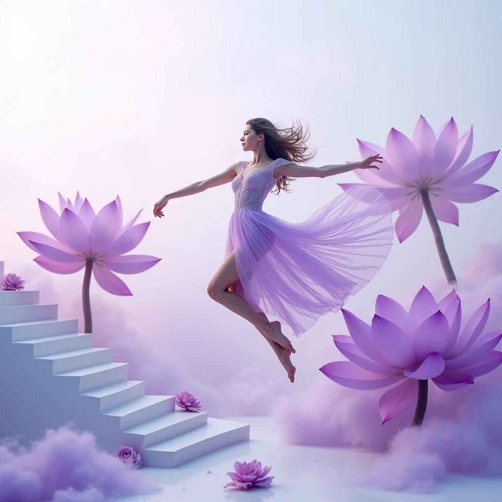 Running on lilac clouds, background color pale lilac in the distance from the fog around and at the feet, minimalist, elegant, pure gentle, soft lilac light, veil,lace, photorealistic. Giant purple lotus , with huge and long purple petals. (petal made of thin and soft tulle, flowing petals full background, floating petals, hyperflying petals, at the feet Mixture of purple smoke and fog effects from colored blue fog on the ground and petals). Extravagant, beautiful woman full length, nice legs,shoes, in a fast dance in a flying pose, lace,gold, white staircase,strewn with pale roses,