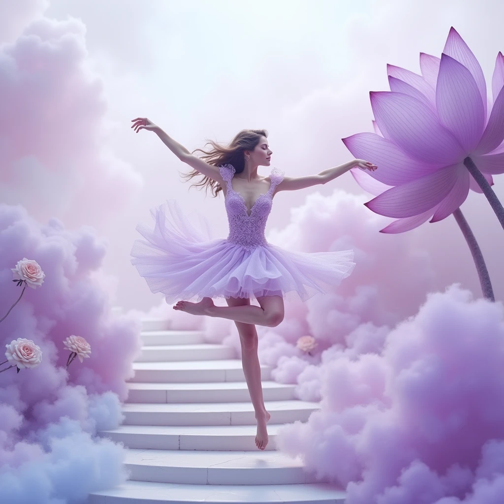 Running on lilac clouds, background color pale lilac in the distance from the fog around and at the feet, minimalist, elegant, pure gentle, soft lilac light, veil,lace, photorealistic. Giant purple lotus , with huge and long purple petals. (petal made of thin and soft tulle, flowing petals full background, floating petals, hyperflying petals, at the feet Mixture of purple smoke and fog effects from colored blue fog on the ground and petals). Extravagant, beautiful woman full length, nice legs,shoes, in a fast dance in a flying pose, lace,gold, white staircase,strewn with pale roses,