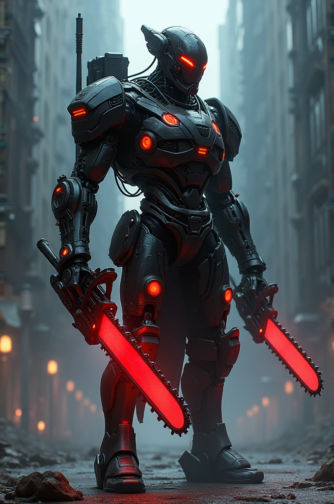 Dark_fantasy,cyberpunk,(chain saw,chain saw man,Red:1.1),1man,Mechanical marvel,Robotic presence,Cybernetic guardian