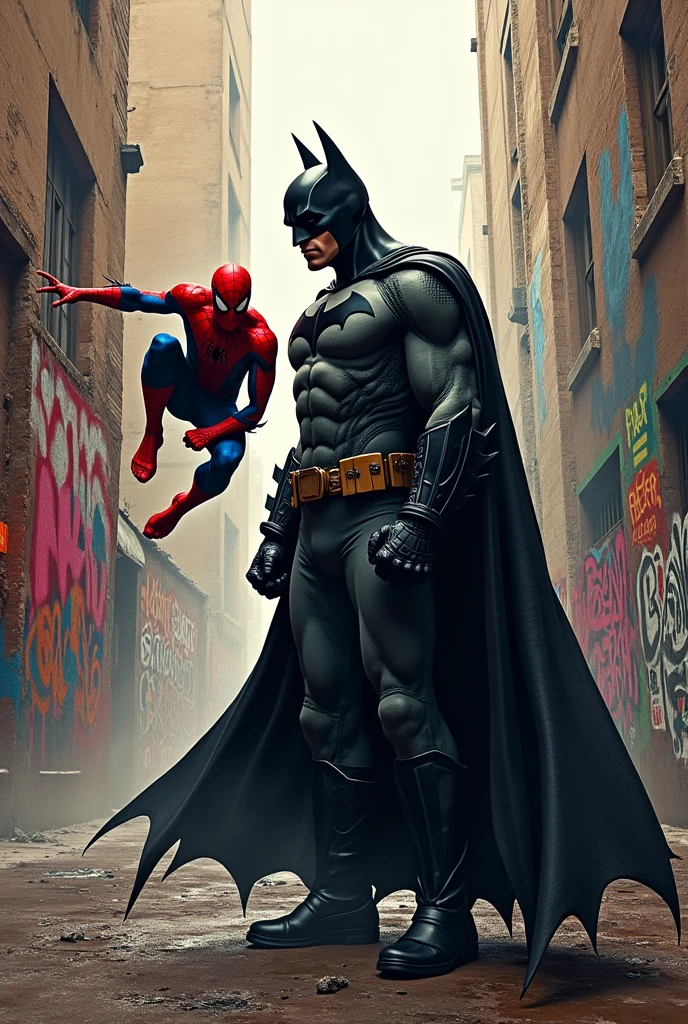 An image of Batman in the center with Spiderman swinging on a web in the background in graffiti style