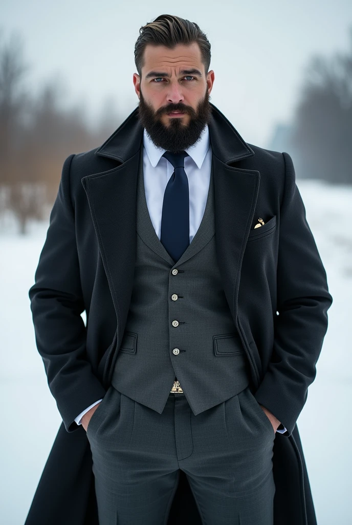 Full body Man thick lips athletic body masculine energy and sexy defined chin trimmed black beard shaded braid with gradient on the sides colored tattoo dressed in a coat and open showing the suit below three-piece suit: suit jacket classic lapels dark grey vest under the jacket watch chain in the pocket dark grey suit pants white dress shirt white under the vest dark blue tie in russia winter elegant black shoes remote image quality 30k wide photo