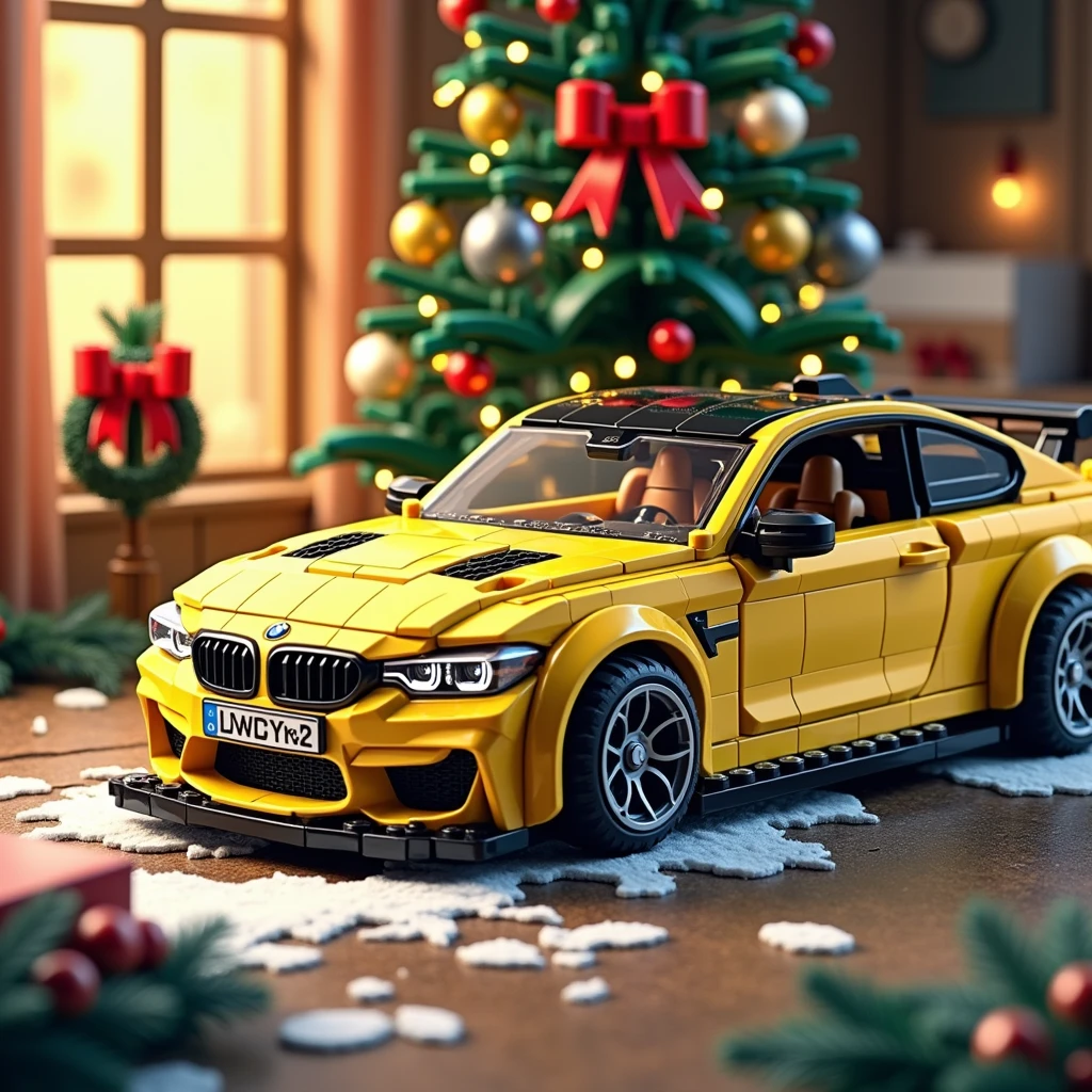 "A festive holiday scene featuring a sleek Lego BMW M4 racing car parked in front of a beautifully decorated Christmas tree, complete with twinkling lights and a shiny red bow on top. The car's sleek design and the tree's vibrant colors create a fun and playful contrast, capturing the joy and excitement of the holiday season."