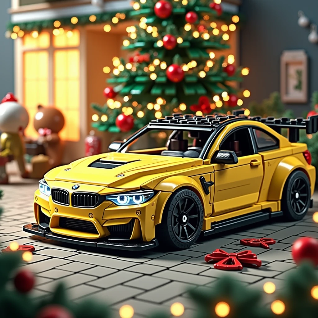 "A festive holiday scene featuring a sleek Lego BMW M4 racing car parked in front of a beautifully decorated Christmas tree, complete with twinkling lights and a shiny red bow on top. The car's sleek design and the tree's vibrant colors create a fun and playful contrast, capturing the joy and excitement of the holiday season."