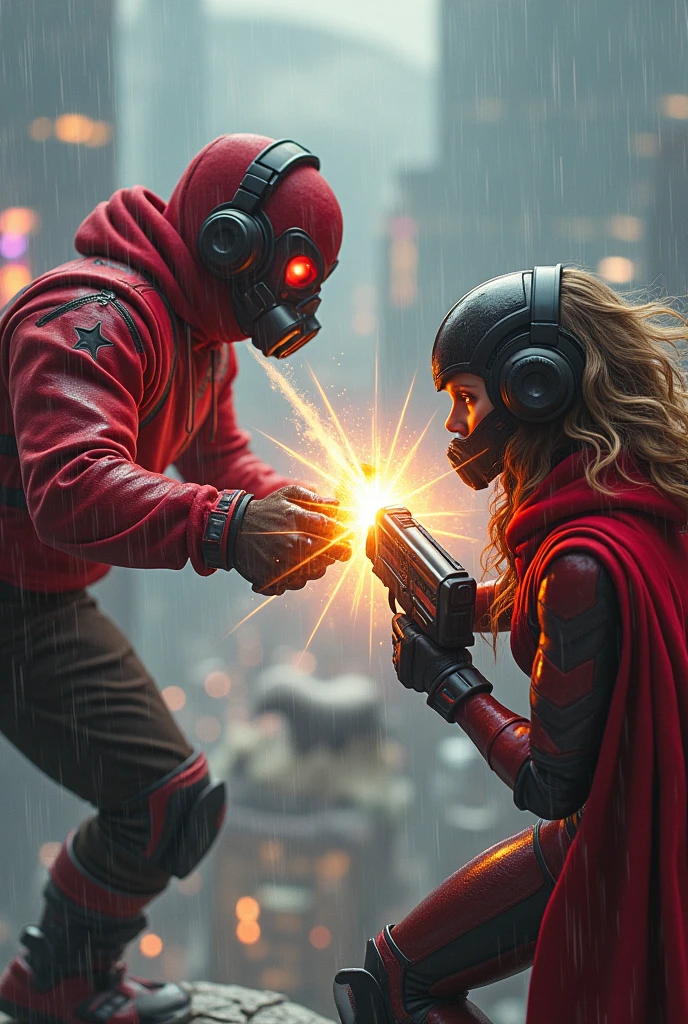 Young Star-lord with red hoodie, headphones, star-lord helmet, gas helmet, covered mouth, round red eyes, Red eyes, magic rings in the hands and rocket boots vs, lady Star-lord, Fighting, power, fiction, full body, magic lasso, hog, fall, fire in boots, poweful spells, realistic, helmet, mask, red cape, confrontation, punch, gun, flying in the sky, view of the city from above, rain, fighting, Black gloves, ocean floor, face cover, free hair, front cover