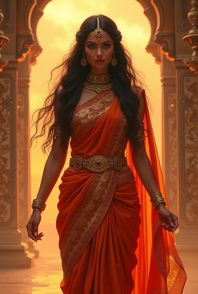 Goddess Sita,fiery saree dress,ancient look,fiery background,ancient royal palace background, bravo face,long hair